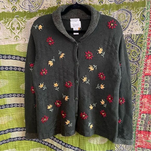 Christopher & Banks Sweaters - Vtg 90's Christopher & Banks Green Hand Embroidered Cottage Cardigan Size Large